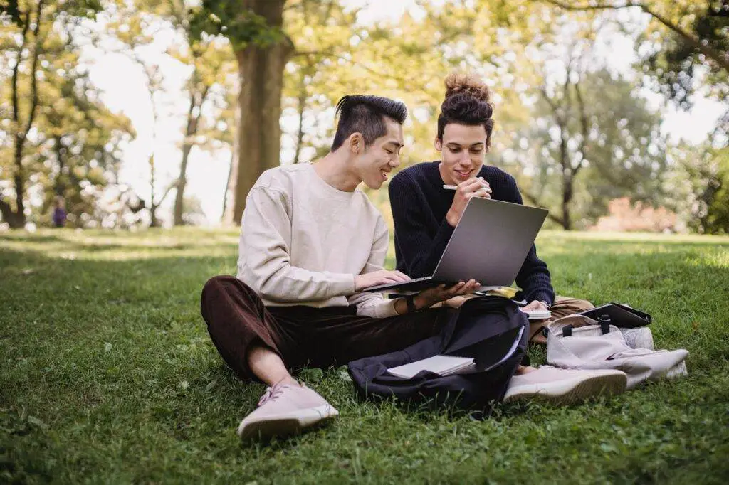 Men Using Laptop in the Park